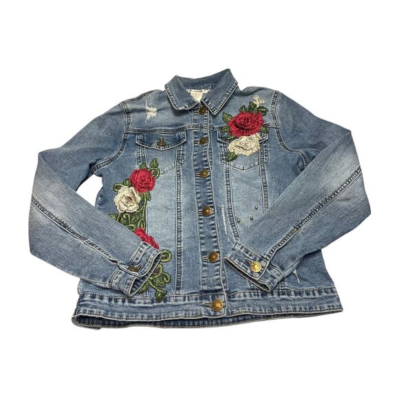 Masseys Trucker Jacket Women's 4 Blue Floral Denim Cotton Stretch Embroidered - Picture 1 of 8
